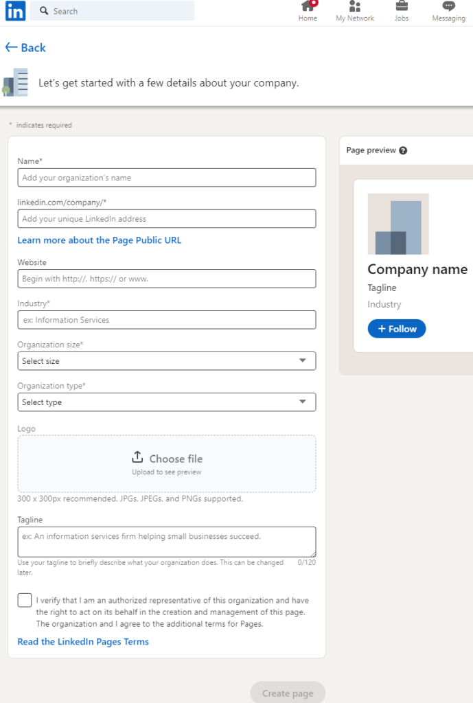 Fylll inn din bedriftsinformasjon på LinkedIn