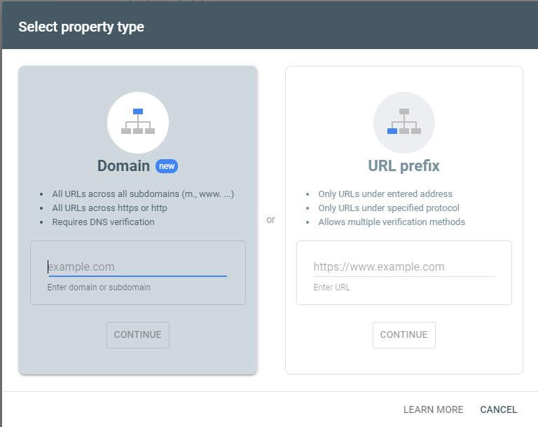 Når du er inne, vil du få to alternativer: Domenenivå og URL-prefiks.
