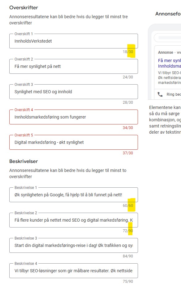 Printscreen 7 – Skriv dine første annonsetekster, overskrifter og beskrivelser