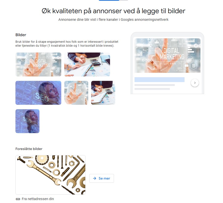 Printscreen 8 – Legg til relevante bilder og logoer, som kan egne seg både i breddeformat og rektangulært (mobiltilpasset)