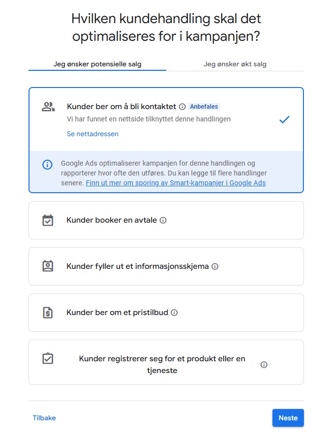Printscreen 6 – Velg hvordan du ønsker å komme i kontakt med kundene dine via Google Ads
