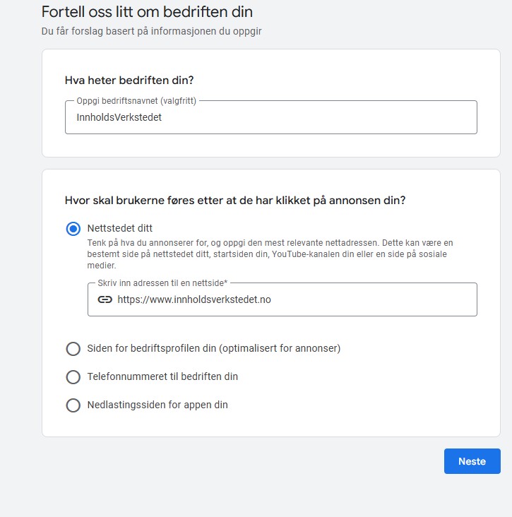 Printscreen 2 – Legg inn bedriftsinformasjon