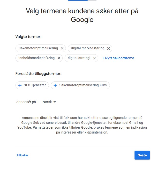 Printscreen 9 – Velg dine første søkeord, termer – som dine kunder søker på