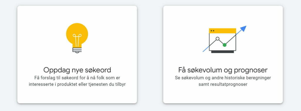 Skjermbilde av verktøyet Keyword Planner i Google Ads, med valgene 'Oppdag nye søkeord' og 'Få søkevolum og prognoser'.